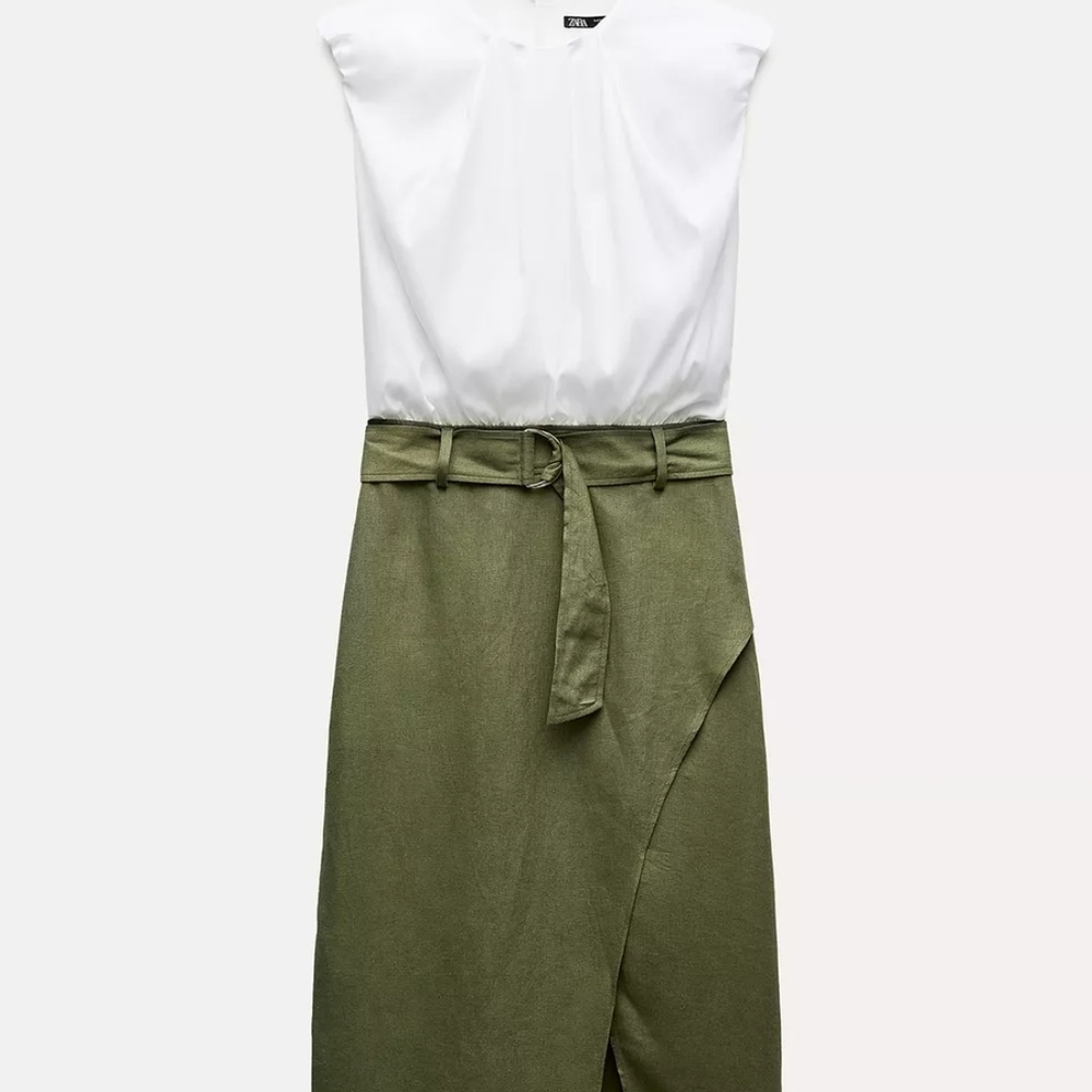 White and Olive Green Sleeveless Dress